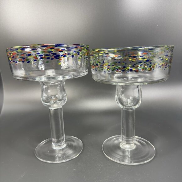 Mexican Blown Glass Margarita Glasses Cups Set 2 Clear With Multicolor Spots VTG - Picture 1 of 10